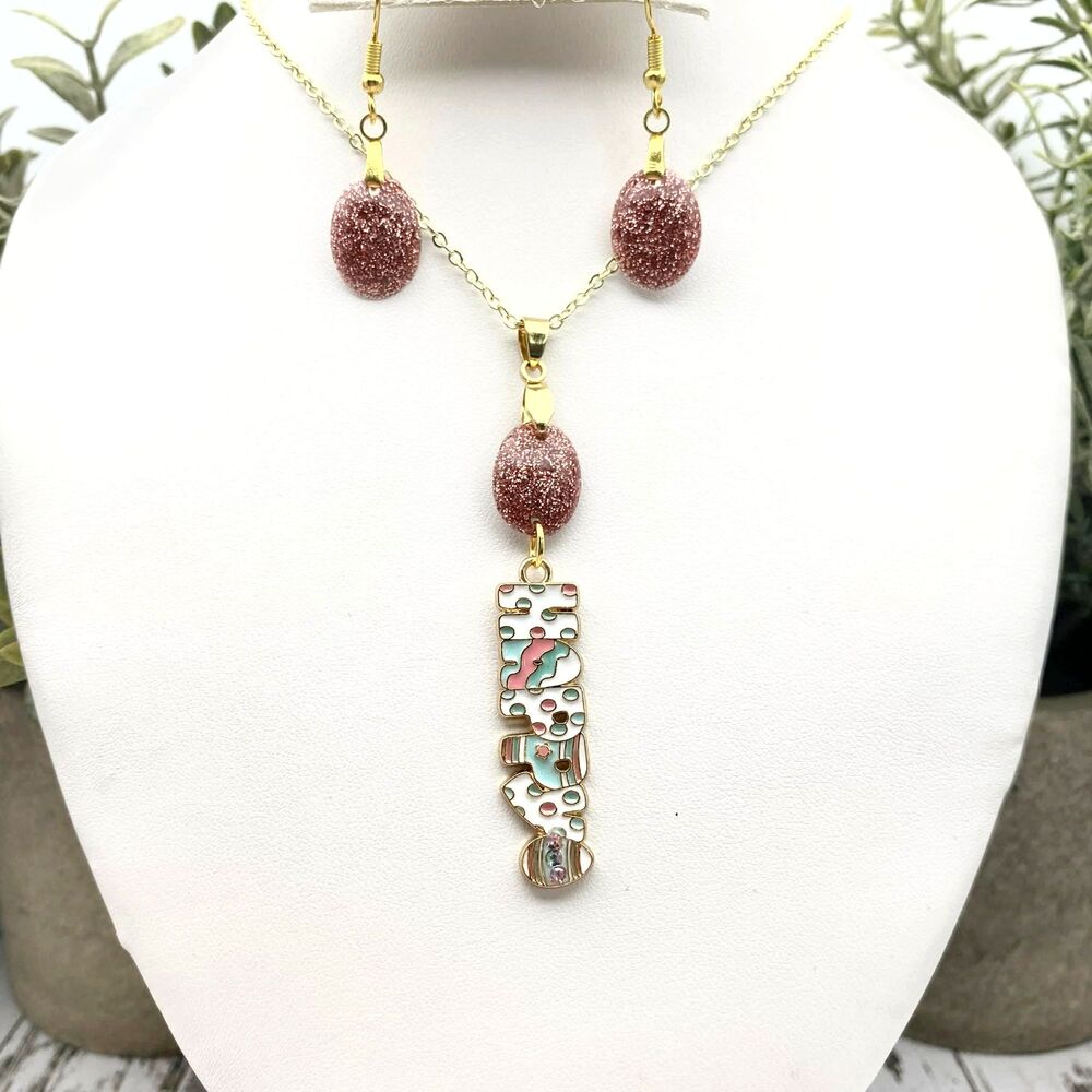 Handmade Pink Glitter Egg Easter Pendant Necklace & Earrings Set